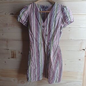 Express Vintage Pink Striped V-Neck Button Dress